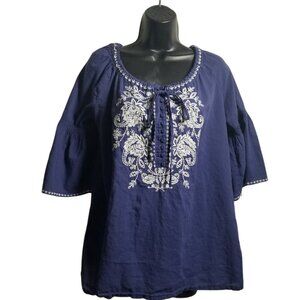 Tommy Bahama Embroidered Women's Bluish Purple Cotton Silk Linen Prairie Top Sz